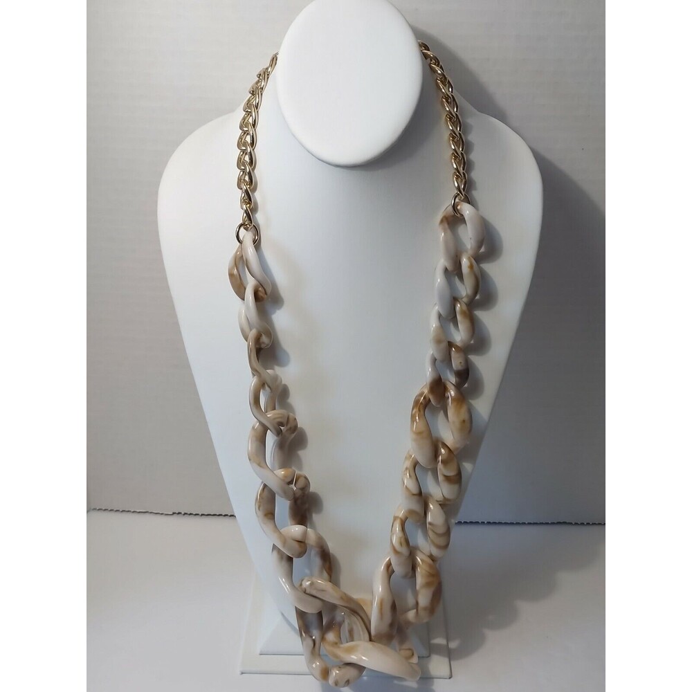 Baublebar Beige Brown Marbled Gold Tone Chain Link Chunky Statement Necklace - Picture 2 of 6